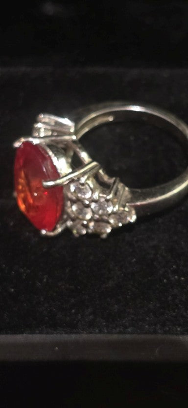 Sterling Silver Fire Opal Oval Statement Ring with Clear Accent Stones