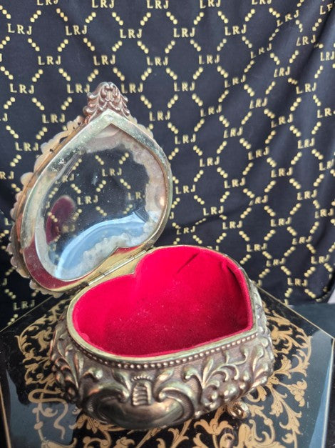 Ornate Vintage Heart Jewelry Box with Bubble concurve glass top