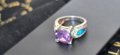 Purple Princess-Cut & Blue Inlay Ring silvertone