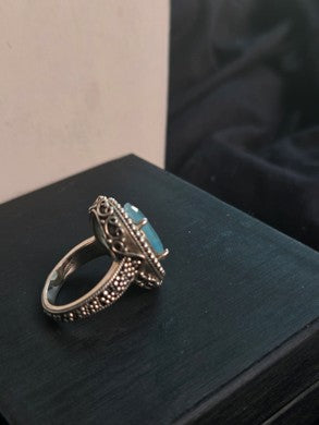 Ornate Aqua Cabochon Silver-Style Ring