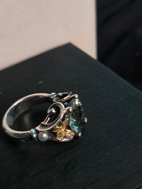 Two-Tone Aqua Stone & Pearl Statement Ring