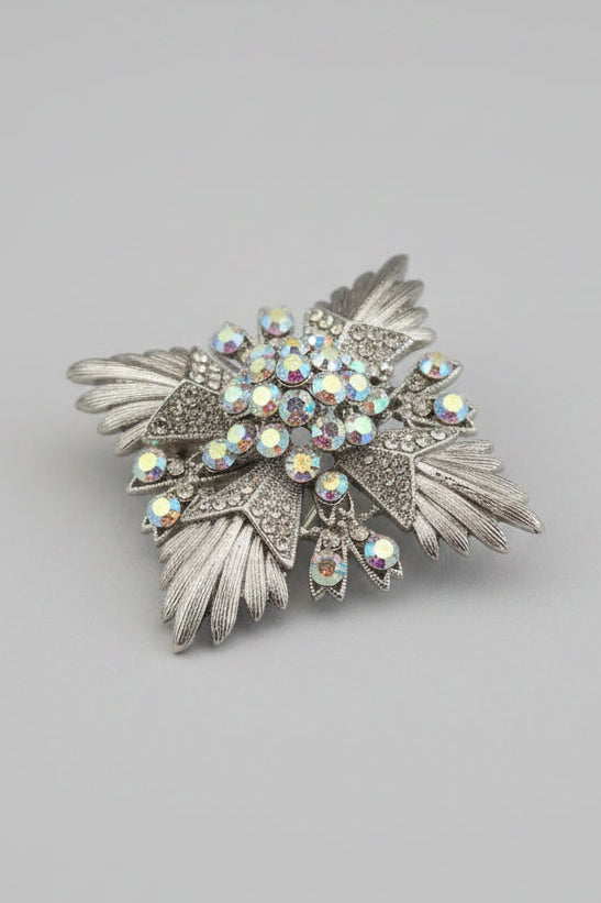 Silvertone Rhinestone Spray Brooch, Possible Signed Designer Piece Coro