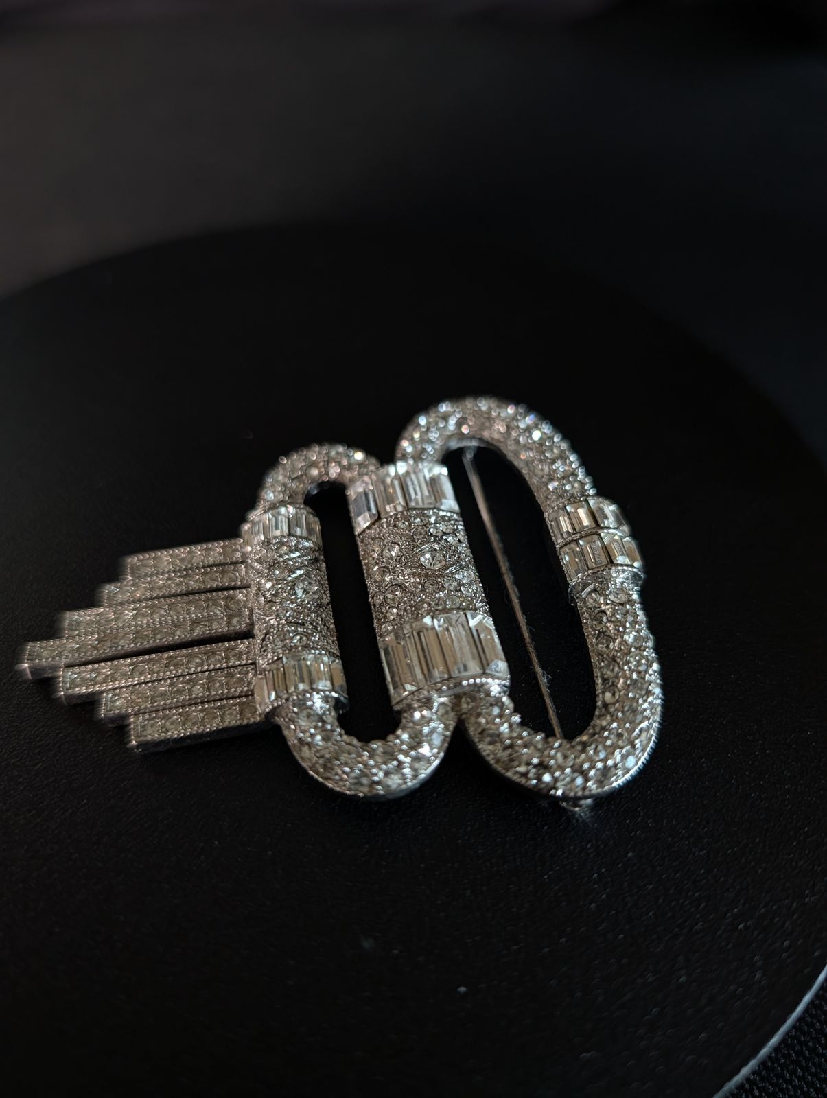 Art Deco–Style Rhinestone Fringe Dress/Fur Clip ("CHINA"-stamped)