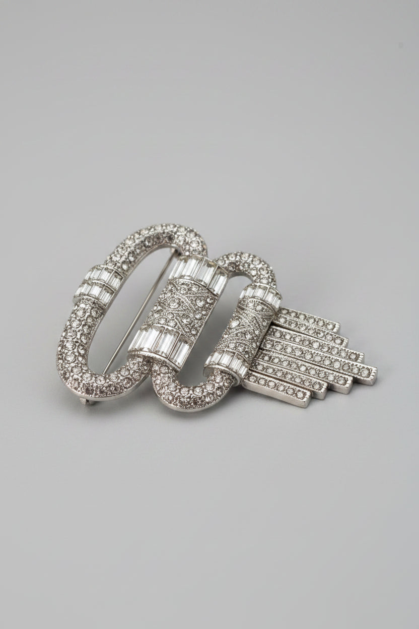 Art Deco–Style Rhinestone Fringe Dress/Fur Clip ("CHINA"-stamped)