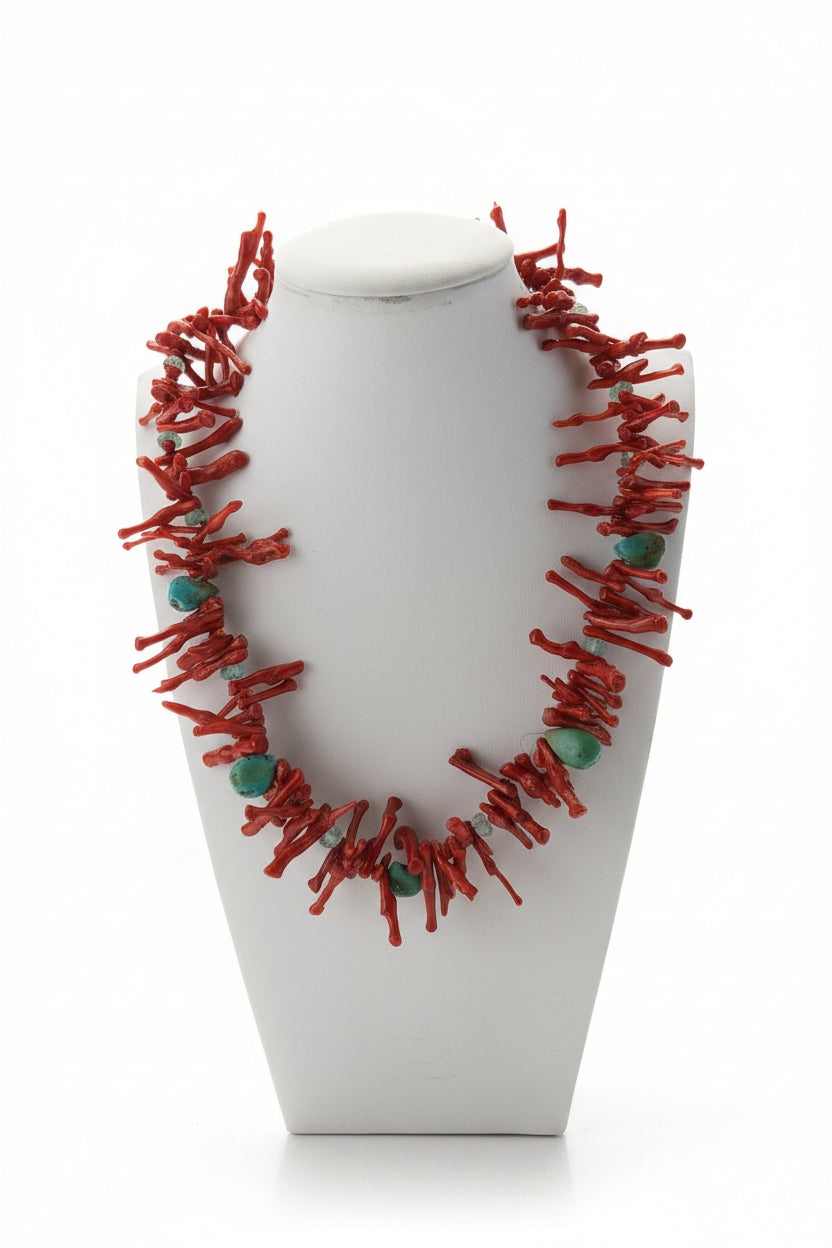 Branch Coral & Turquoise Nugget Necklace, Sterling Silver (Southwestern Style)