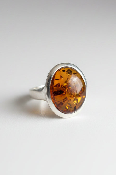 Cognac Baltic Amber Ring, Sterling Silver, Poland