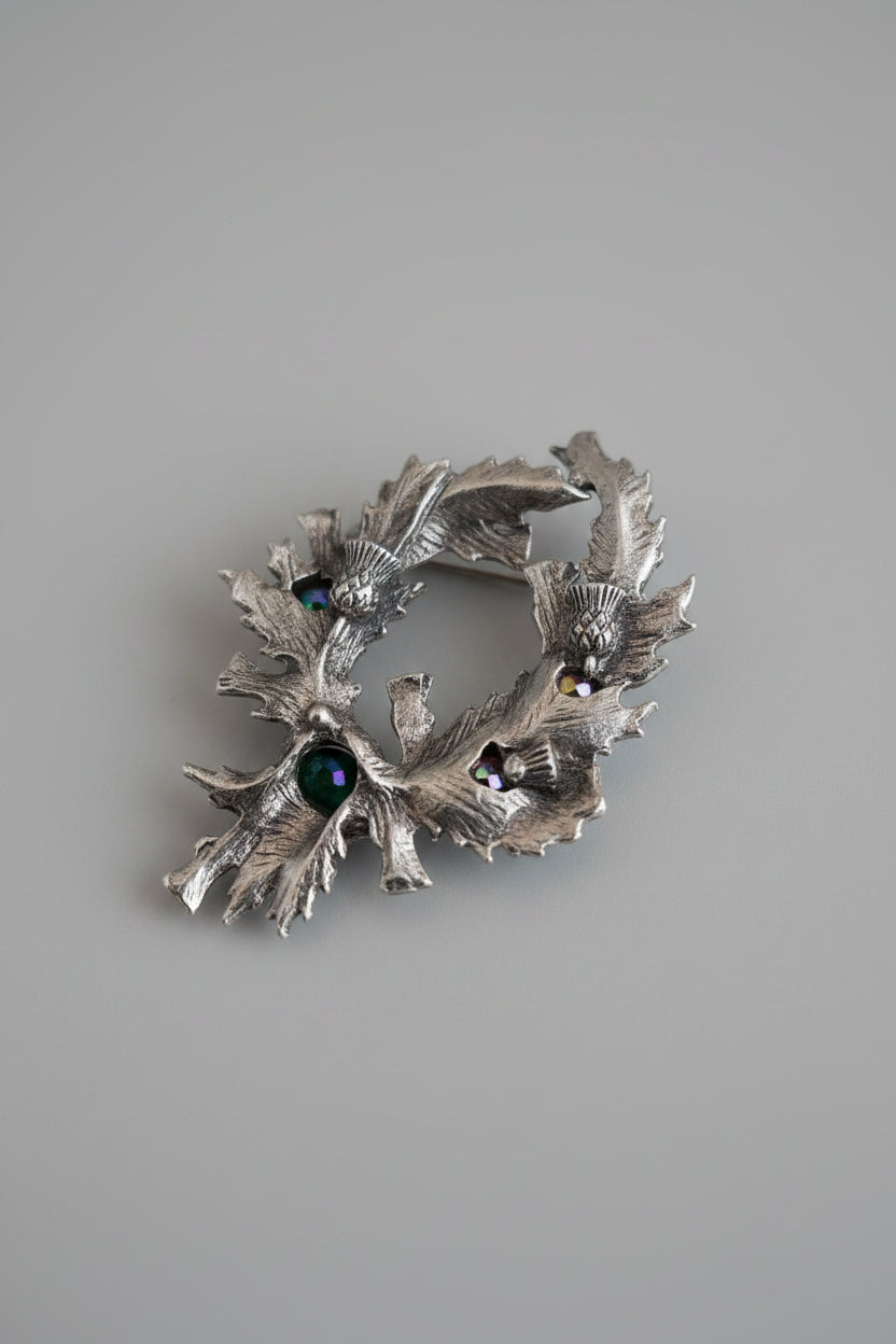 Vintage Jacobite Revival Scottish Thistle Wreath Brooch – Multicolour Stones – product image 1