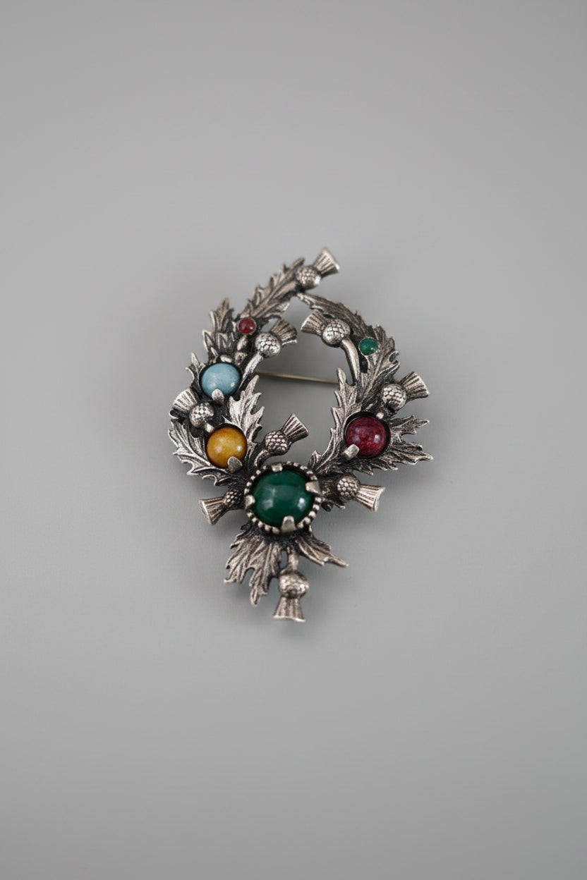 Vintage Jacobite Revival Scottish Thistle Wreath Brooch – Multicolour Stones – product image 1