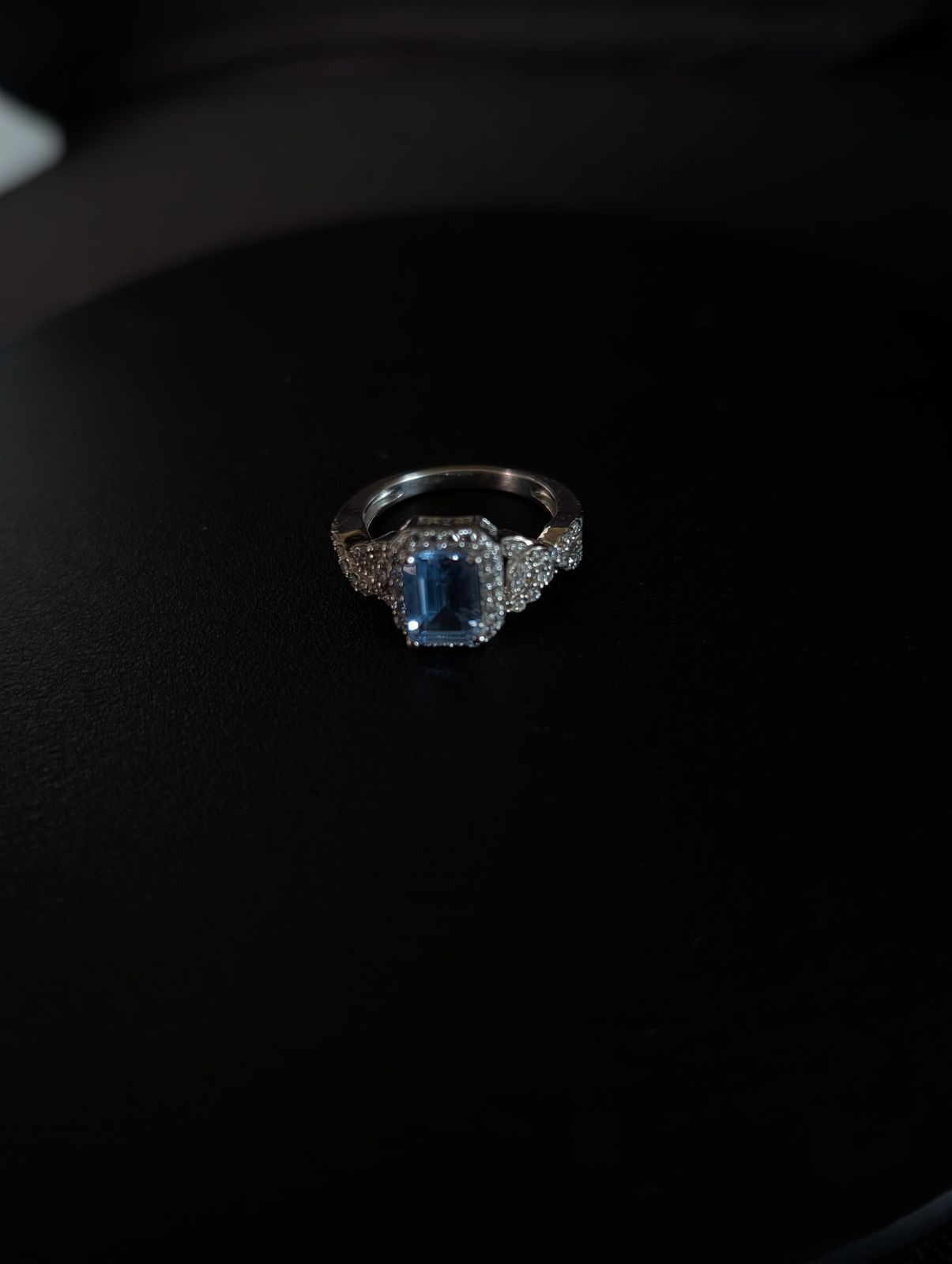 Emerald-Cut Blue Stone Halo Ring – White-Metal Setting – product image 1