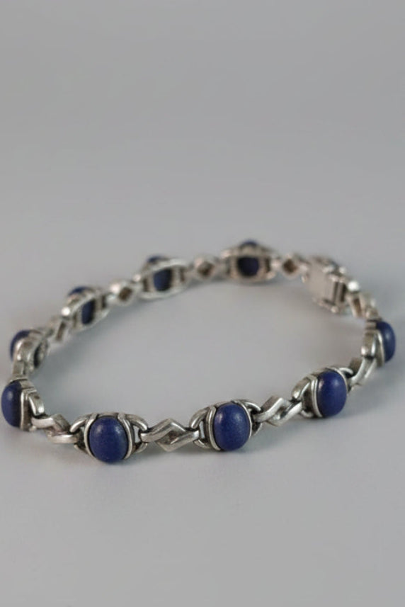 Sterling Silver Link Bracelet, Blue Oval Cabochon Stones