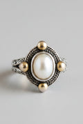 Vitage Ornate Scrollwork Ring with faux  Pearl Accent and gold tone accents