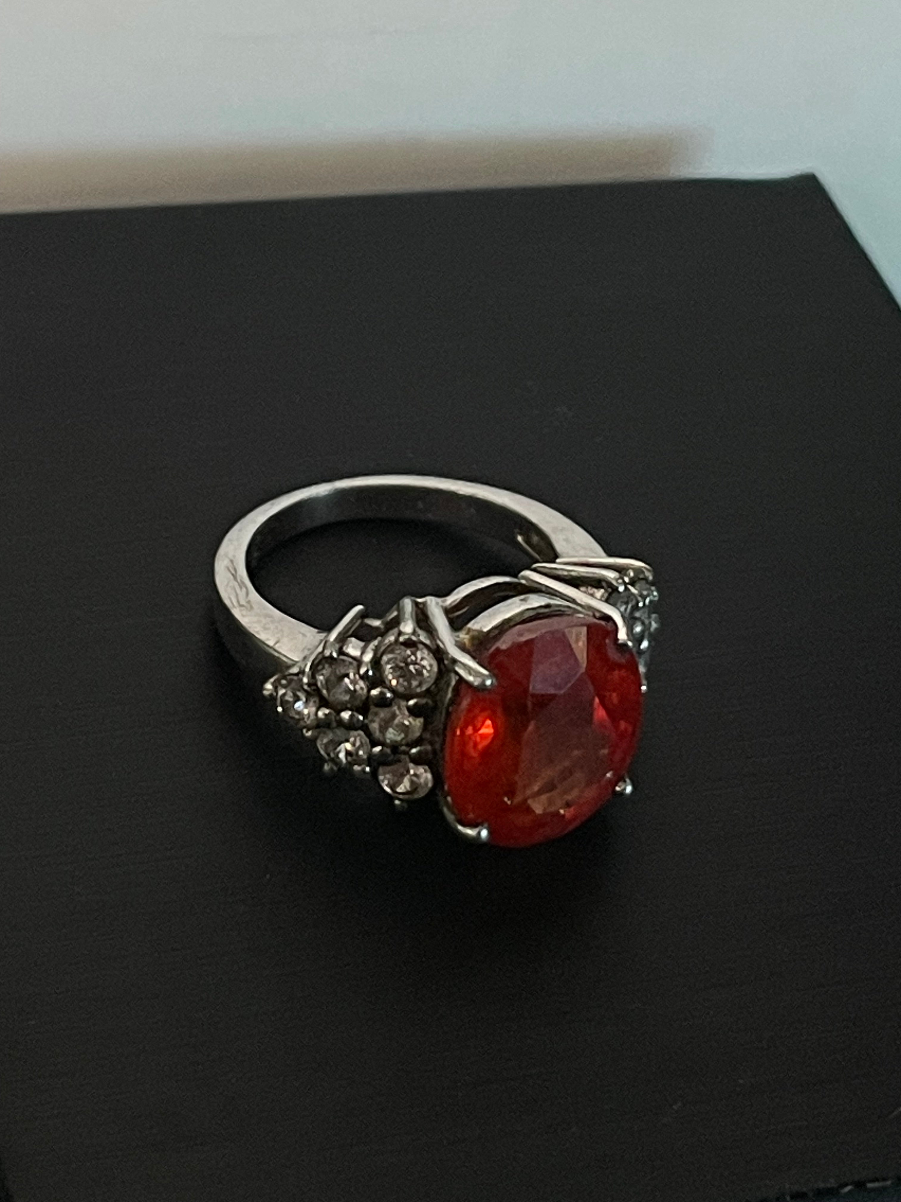 Sterling Silver Fire Opal Oval Statement Ring with Clear Accent Stones