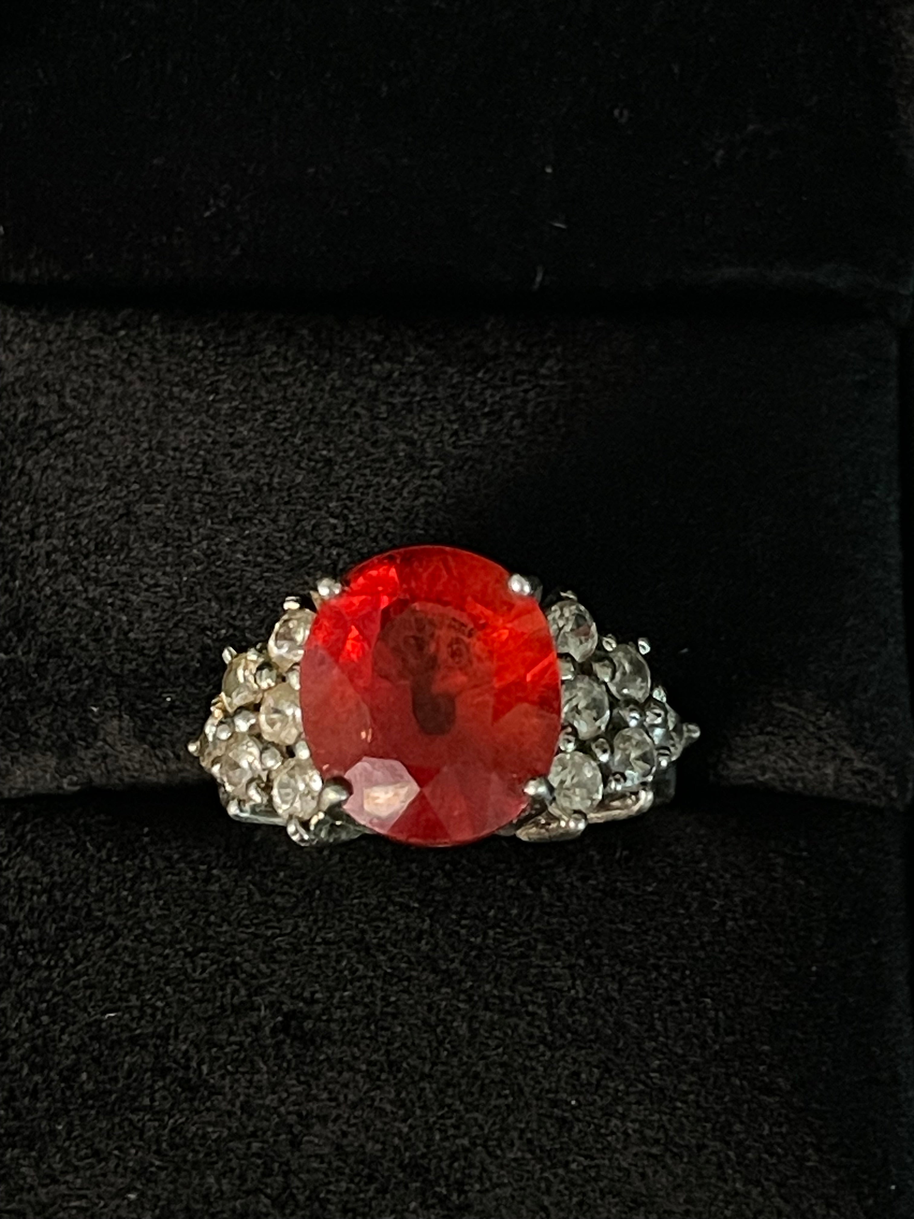 Sterling Silver Fire Opal Oval Statement Ring with Clear Accent Stones