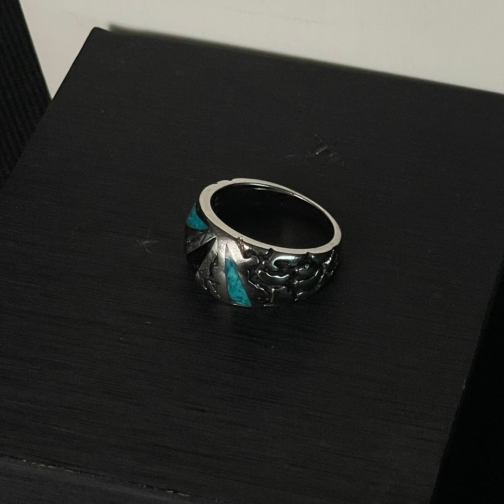 Vintage COP Silver Tone Inlay Ring Faux Turquoise Black Onyx