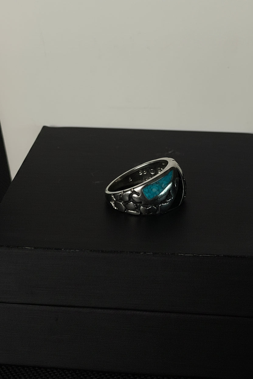 Vintage COP Silver Tone Inlay Ring Faux Turquoise Black Onyx