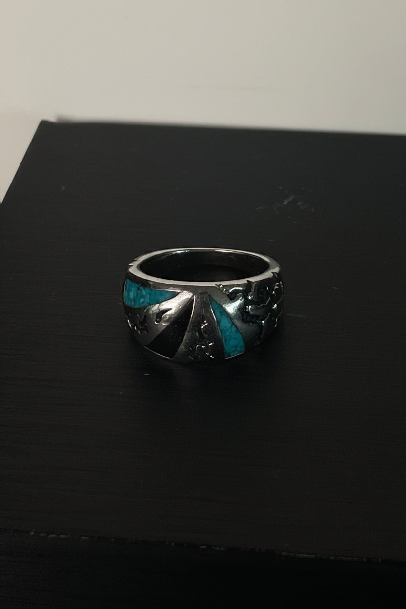 Vintage COP Silver Tone Inlay Ring Faux Turquoise Black Onyx