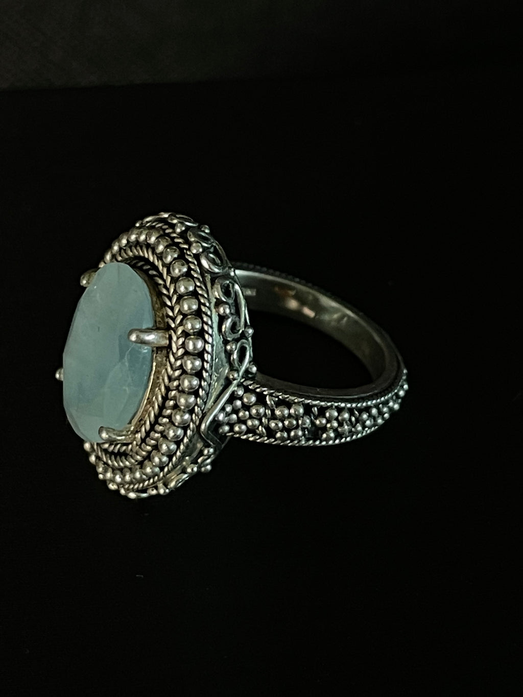 Ornate Aqua Cabochon Silver-Style Ring