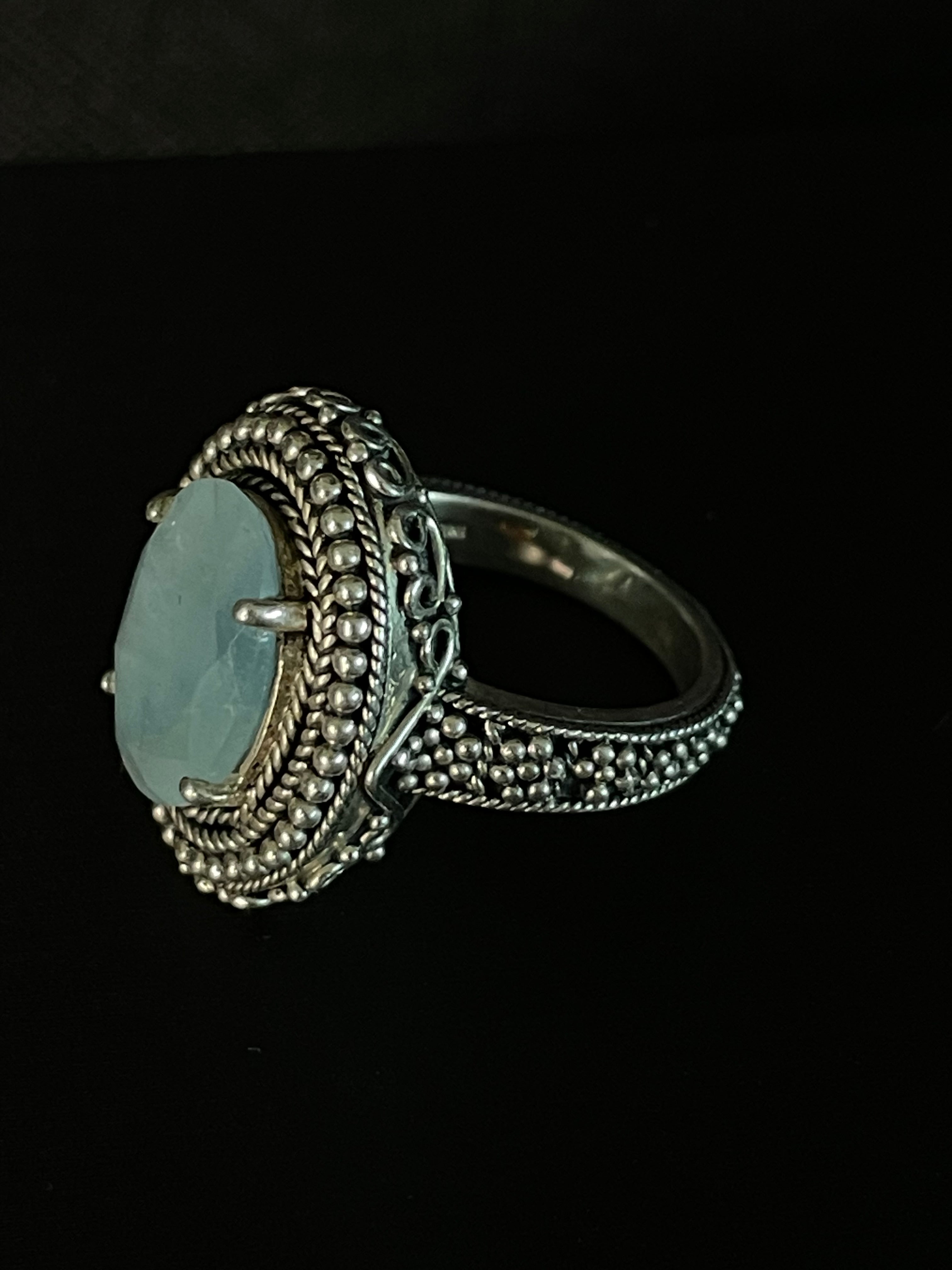 Ornate Aqua Cabochon Silver-Style Ring