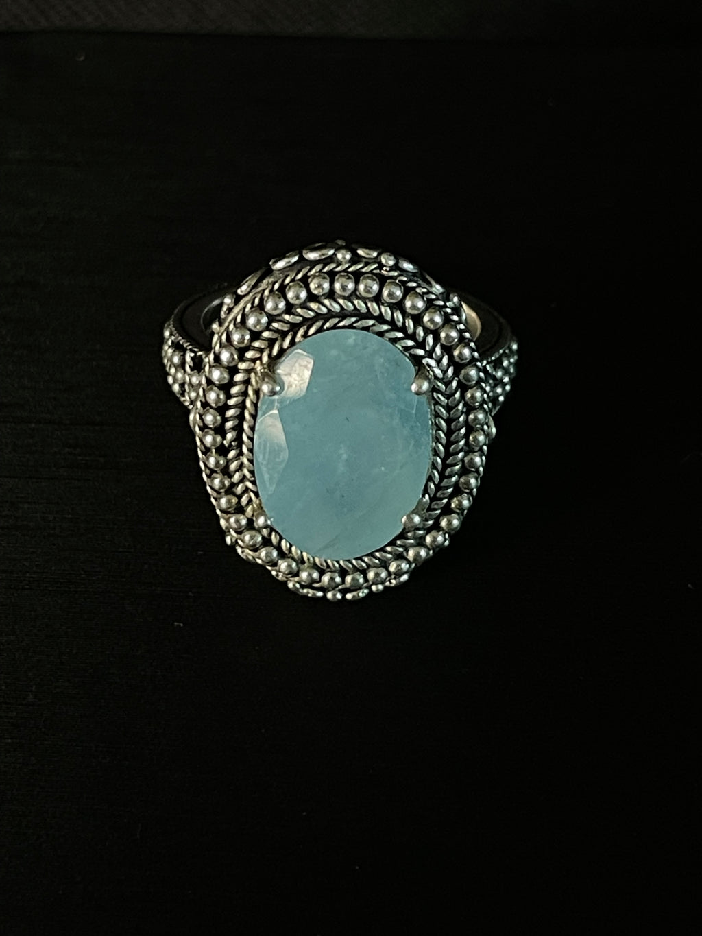 Ornate Aqua Cabochon Silver-Style Ring