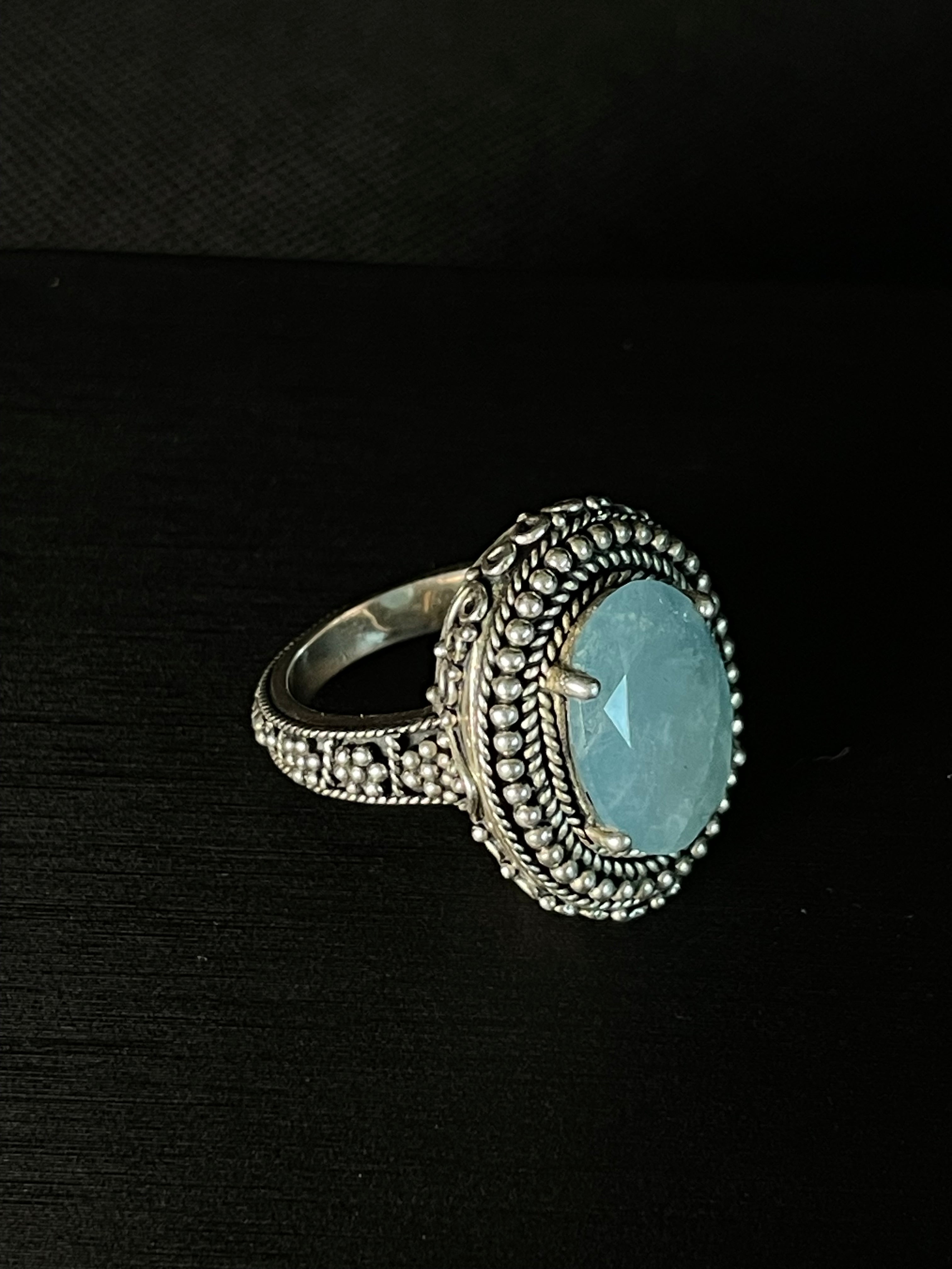 Ornate Aqua Cabochon Silver-Style Ring