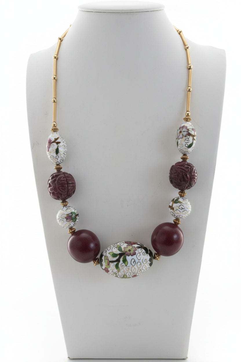 Vintage Cloisonné Floral Beaded Statement Necklace