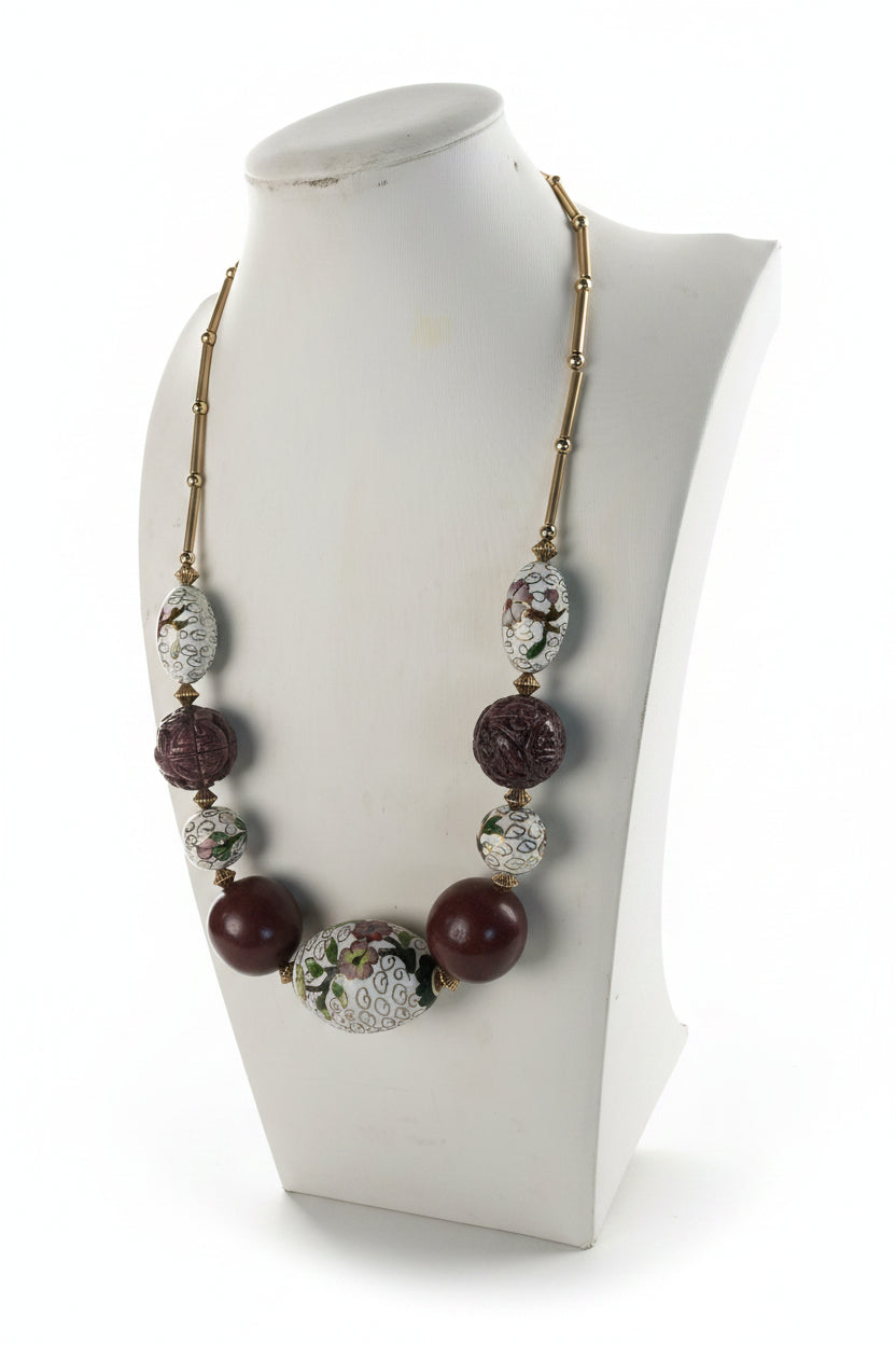 Vintage Cloisonné Floral Beaded Statement Necklace