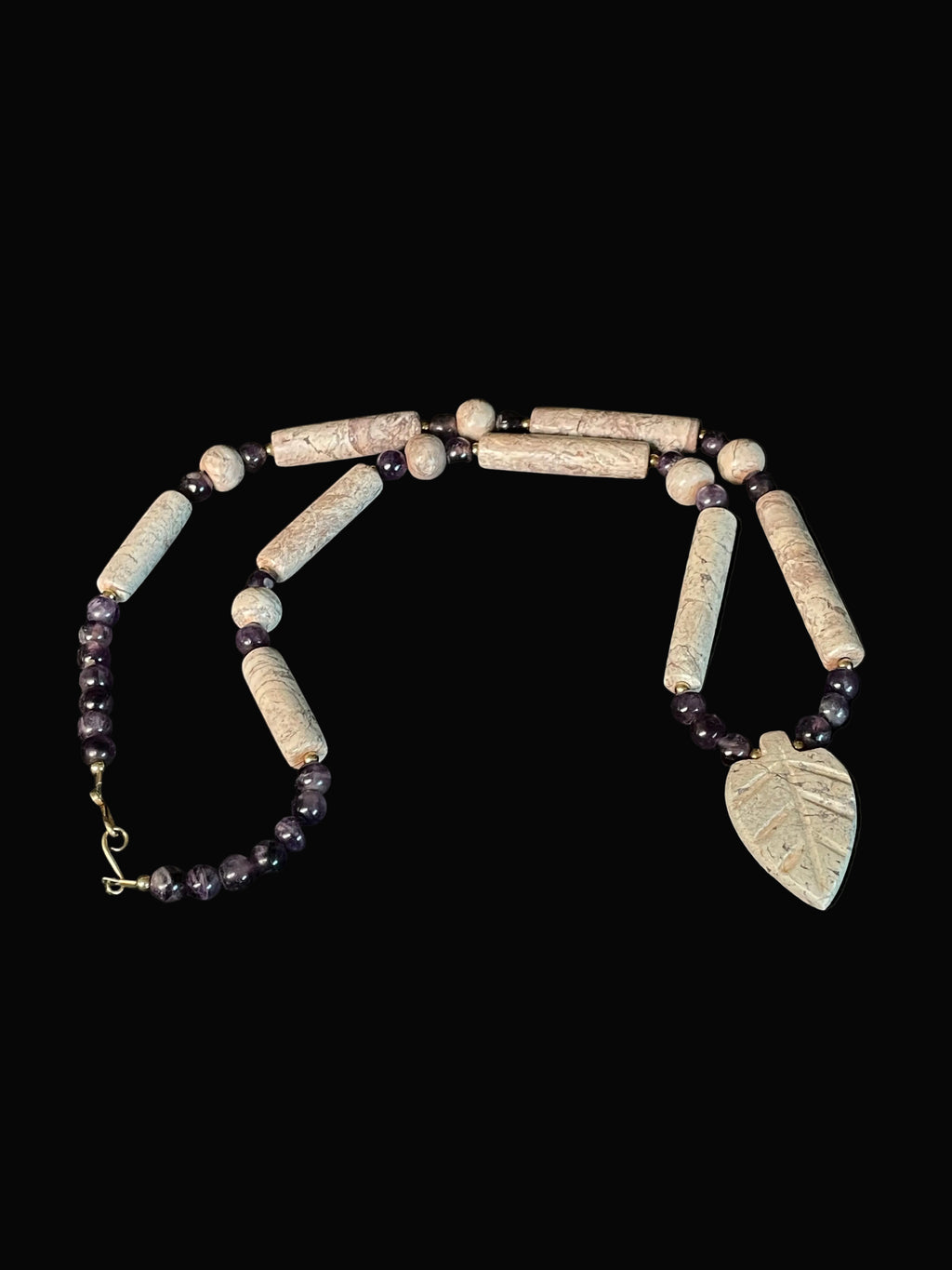 Genuine Amethyst & Natural Magnesite Beaded Necklace, Carved Leaf Pendant