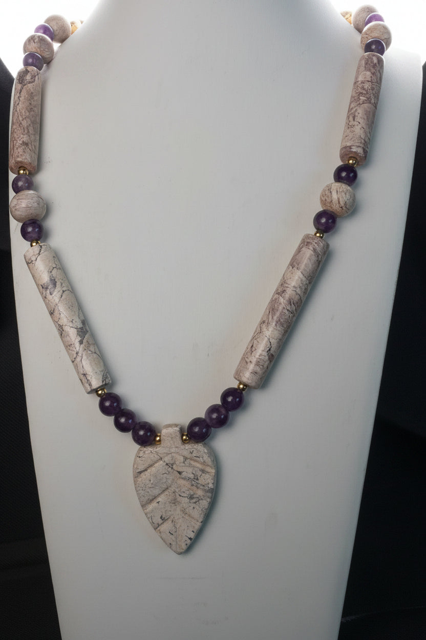 Genuine Amethyst & Natural Magnesite Beaded Necklace, Carved Leaf Pendant