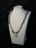 Genuine Amethyst & Natural Magnesite Beaded Necklace, Carved Leaf Pendant