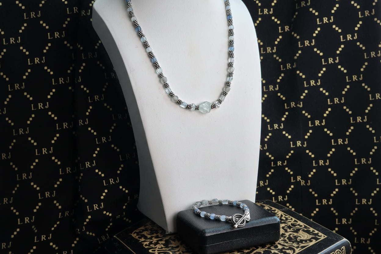 Aquamarine-Style Beaded Necklace &amp; Bracelet Set, Bali-Style Silver