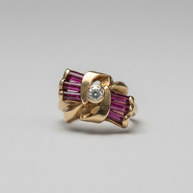10K Yellow Gold Rhodilte Garnet & Diamond Ring Geometric shape