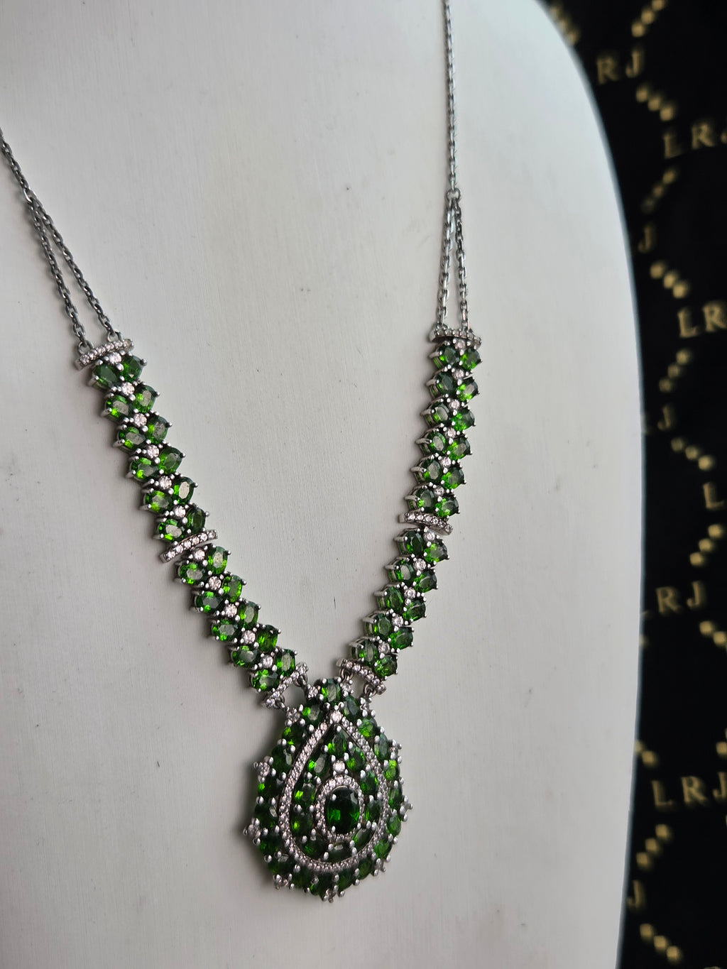 JTV Natural Chrome Diopside & White Zircon Sterling Silver Necklace