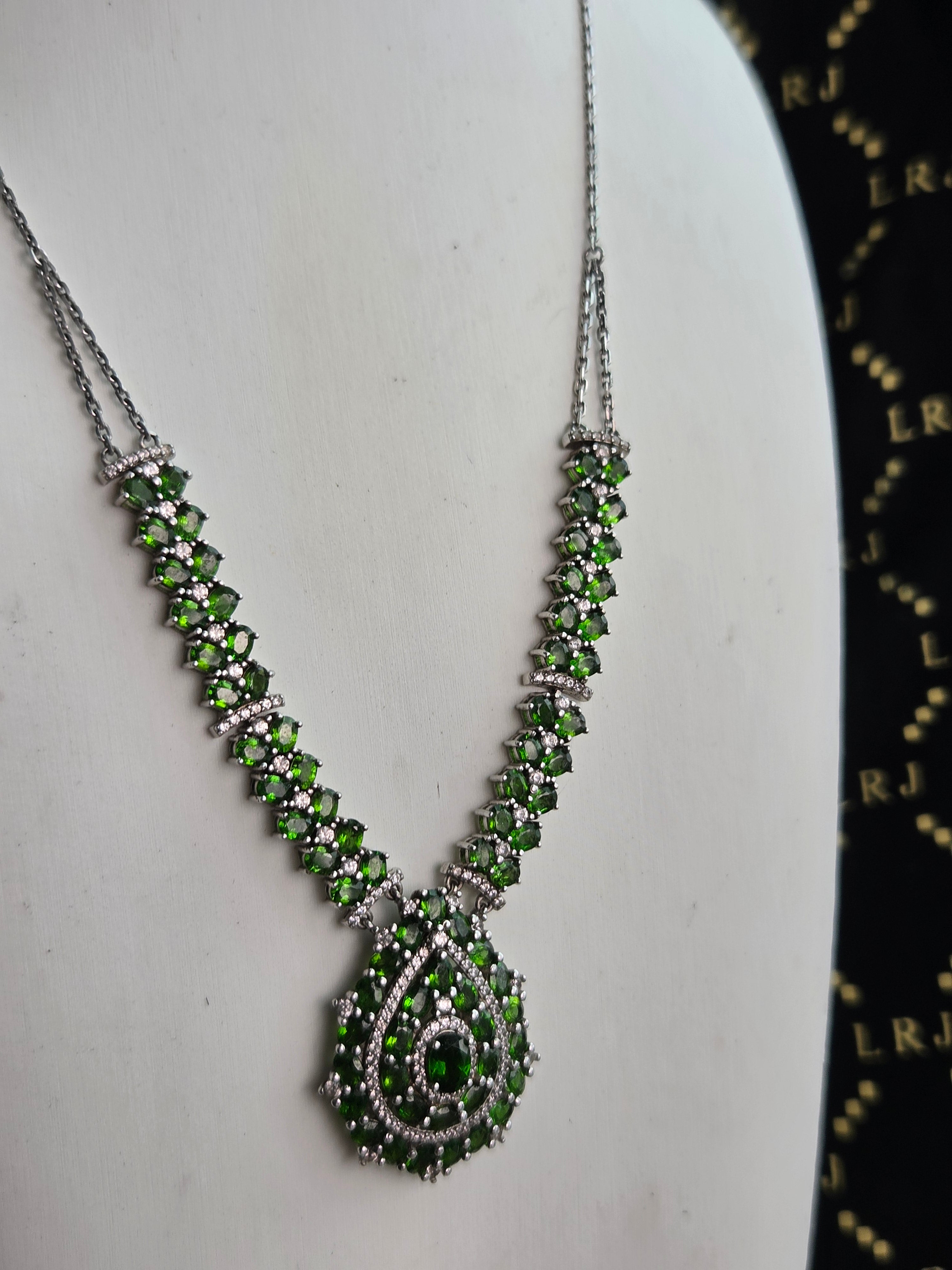JTV Natural Chrome Diopside & White Zircon Sterling Silver Necklace